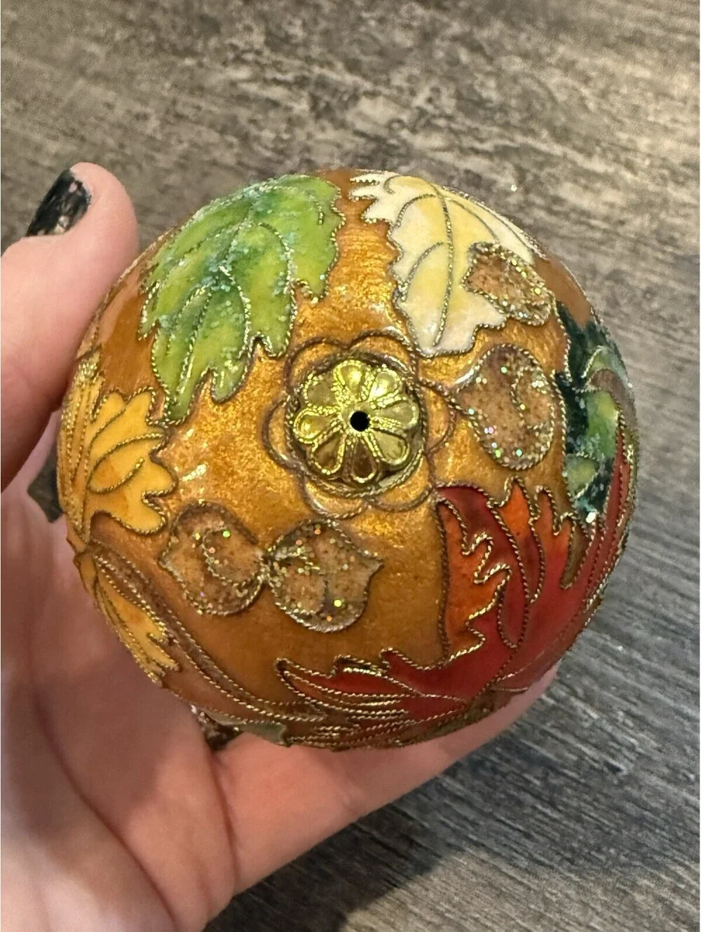 Cloisonne Enamel Golden Christmas Tree Ornament Floral Design 3”